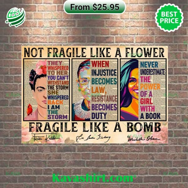 Not Fragile Like A Flower Fragile Like A Bomb Frida Kahlo Ruth Bader Ginsburg Michelle Obama Poster