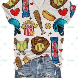 Retro Softball and Snacks Print V-Neck T-Shirt Retro Softball and Snacks Print V-Neck T-Shirt