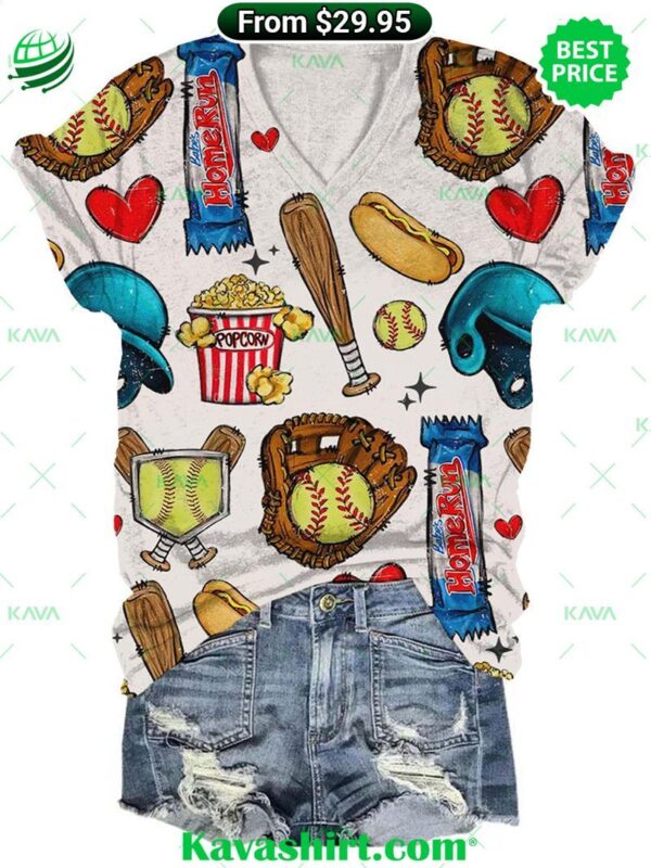 Retro Softball and Snacks Print V-Neck T-Shirt