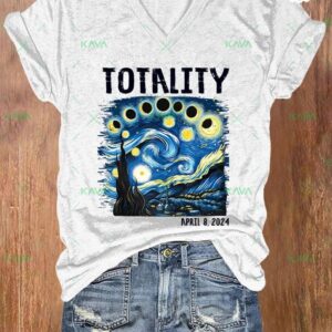 Starry Night and Totality Solar Eclipse Of April 8, 2024 V-Neck T-Shirt